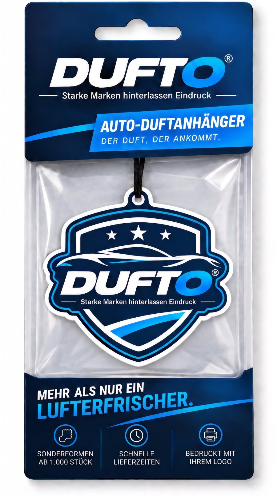 DUFTO Duftanhänger in bedruckter Premium-Verpackung mit Karton und Euroloch